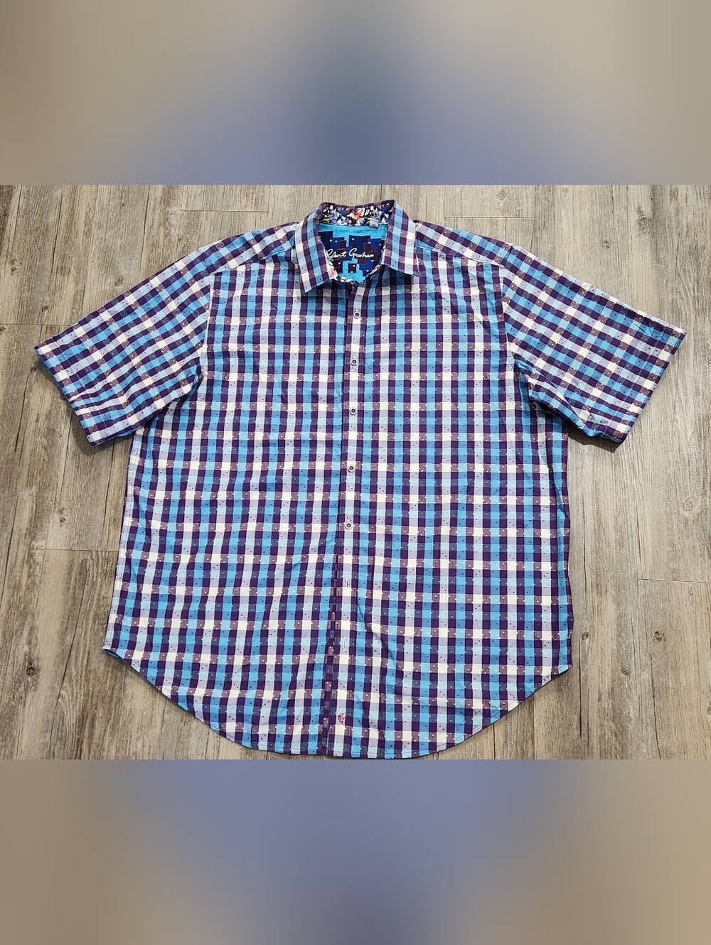Robert Graham Blue & Purple Checked Short Sleeve Button Shirt 1XL Big & tall Cuf